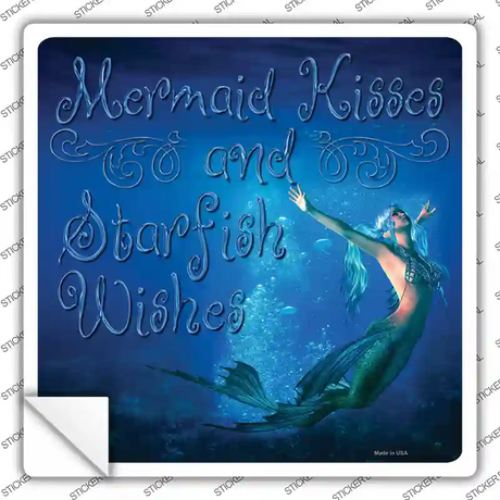 Mermaid Kisses and Starfish Wishes Novelty Square Sticker Decal