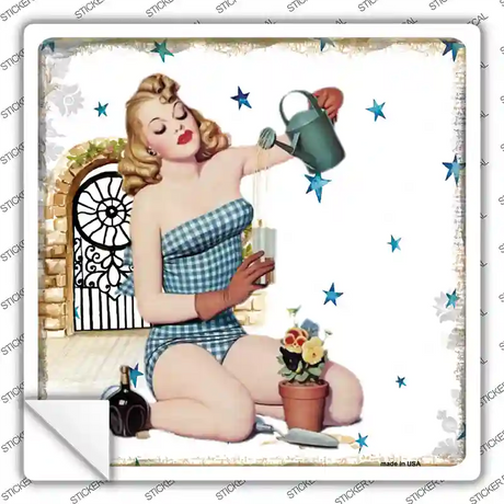 Gardening Girl Novelty Square Sticker Decal