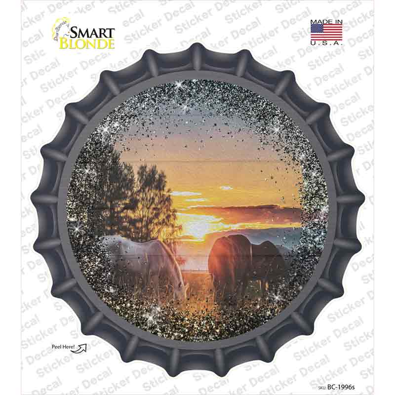Horses Eating in Sunset Novelty Bottle Cap Sticker Decal