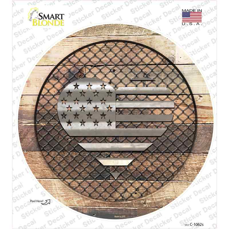 American Flag Heart on Wood Novelty Circle Sticker Decal