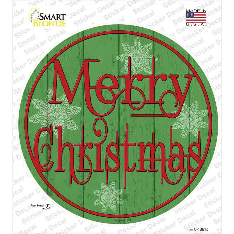 Merry Christmas Green Wood Novelty Circle Sticker Decal