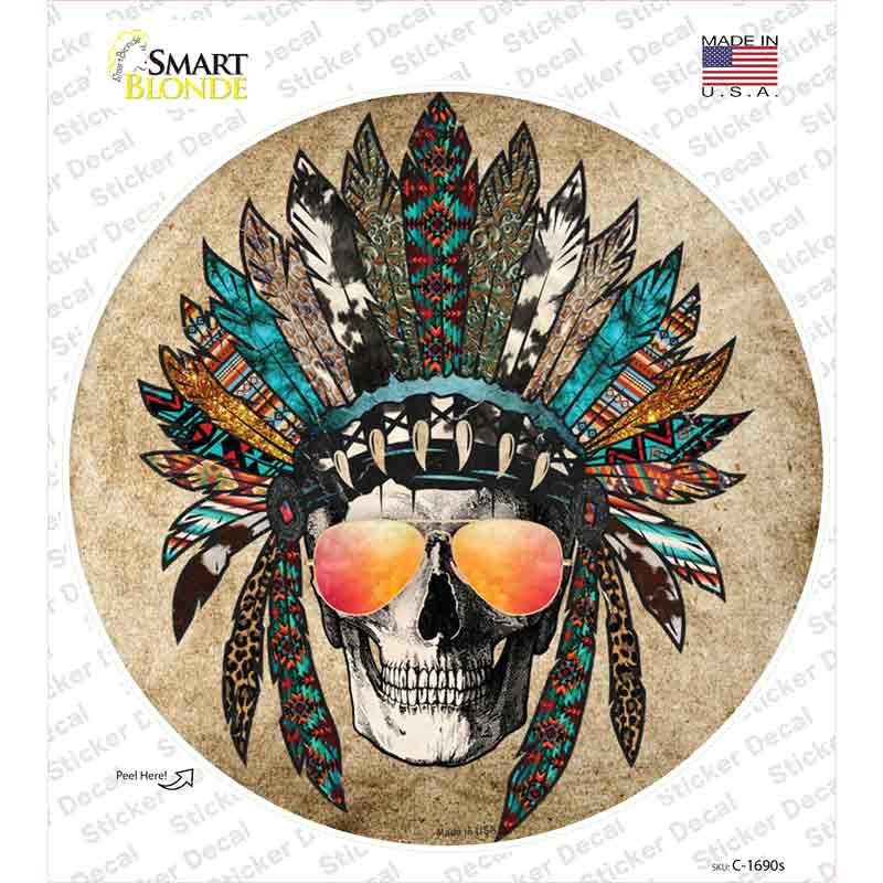 Headress Skull With Aviators Novelty Circle Sticker Decal