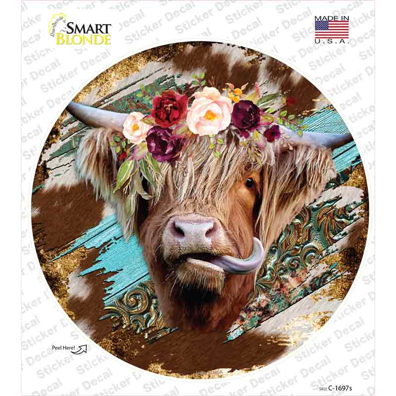 Highland Cattle On Mixed Print Novelty Circle Sticker Decal