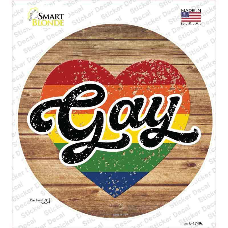 Gay Heart On Wood Novelty Circle Sticker Decal