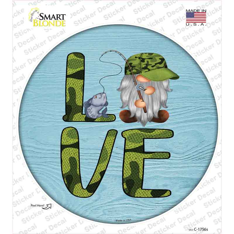 Camo Love Fishing Gnome Novelty Circle Sticker Decal