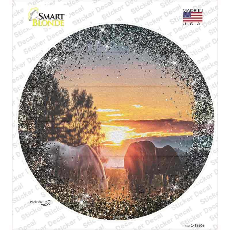 Horses Eating in Sunset Novelty Circle Sticker Decal