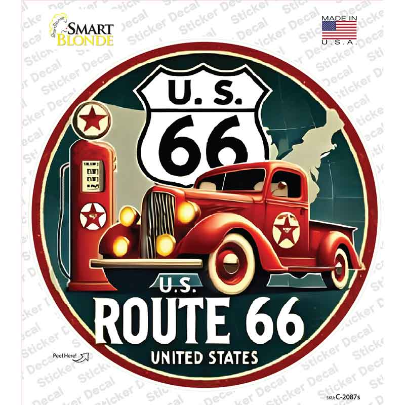 Red Truck on Route 66 Novelty Circle Sticker Decal C-2087s