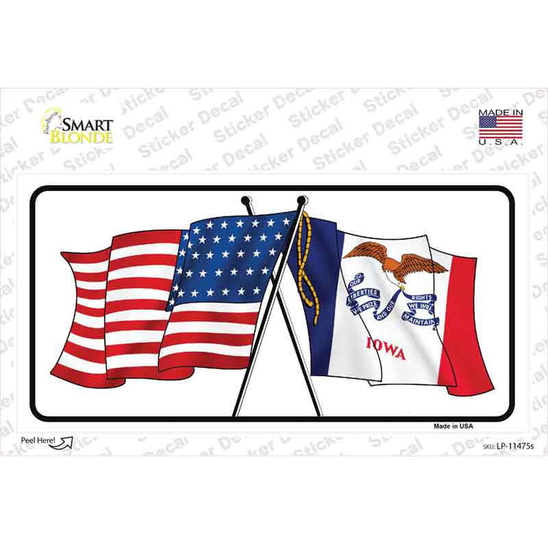 Iowa Crossed US Flag Novelty Sticker Decal