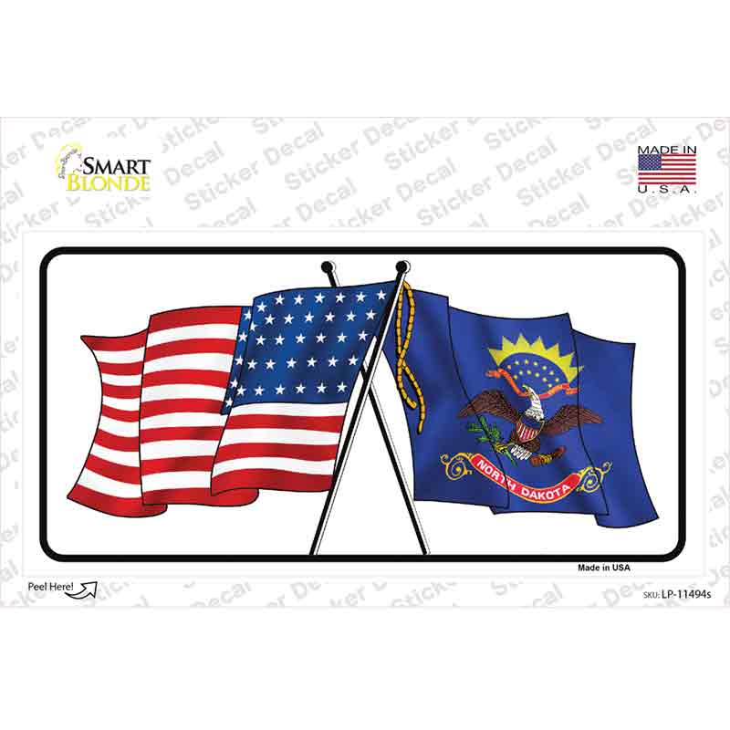 North Dakota Crossed US Flag Novelty Sticker Decal