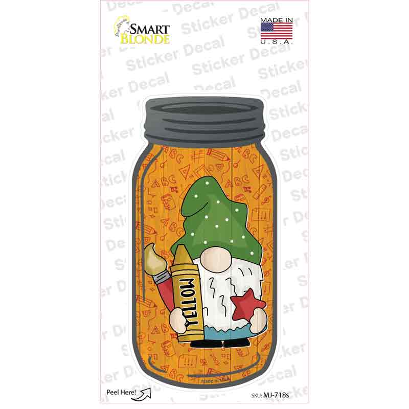 Gnome With Yellow Crayon Novelty Mason Jar Sticker Decal