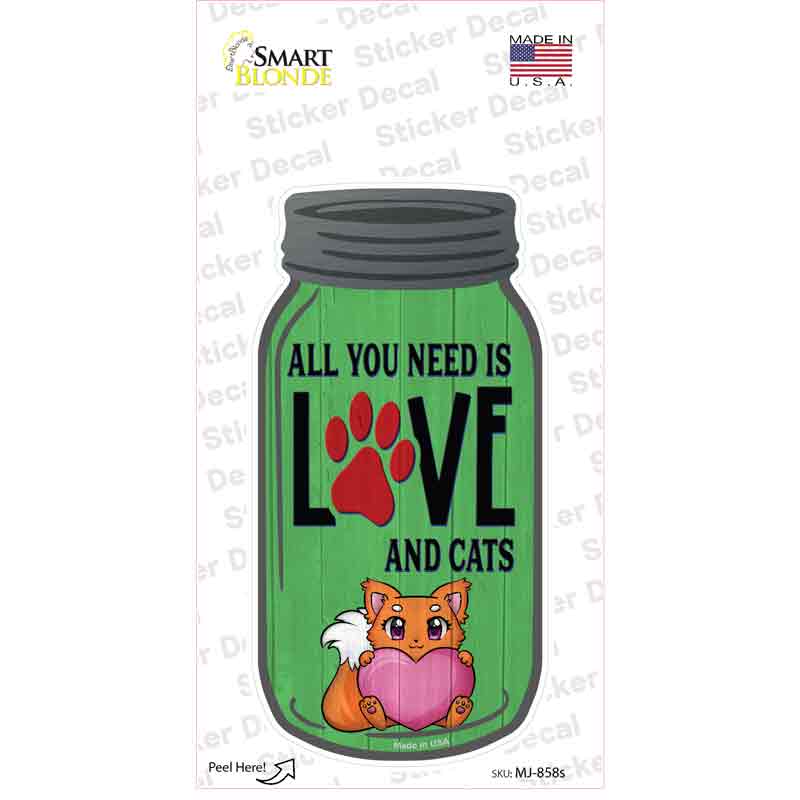 Love And Cats Green Novelty Mason Jar Sticker Decal