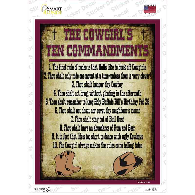 Cowgirls Ten Commandments Maroon Novelty Rectangle Sticker Decal