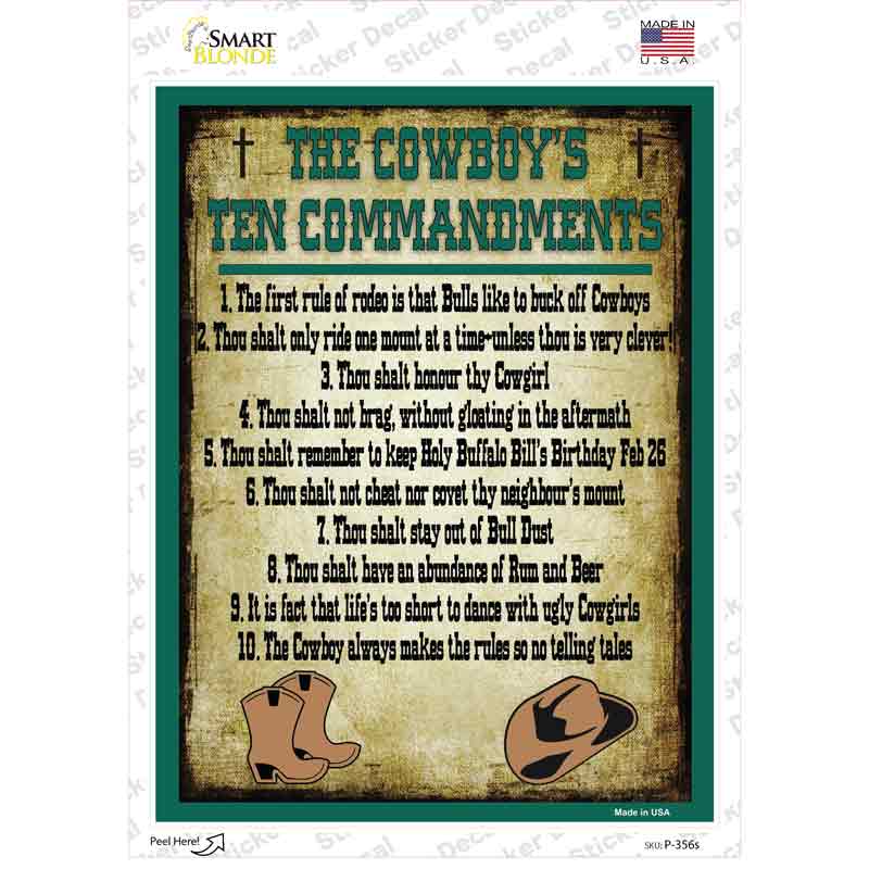 Cowboys Ten Commandments Green Novelty Rectangle Sticker Decal