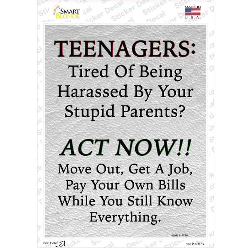 Teenagers Act Now Novelty Rectangle Sticker Decal
