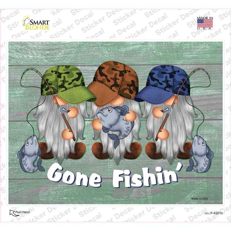 Gone Fishing Three Camo Gnomes Novelty Rectangle Sticker Decal