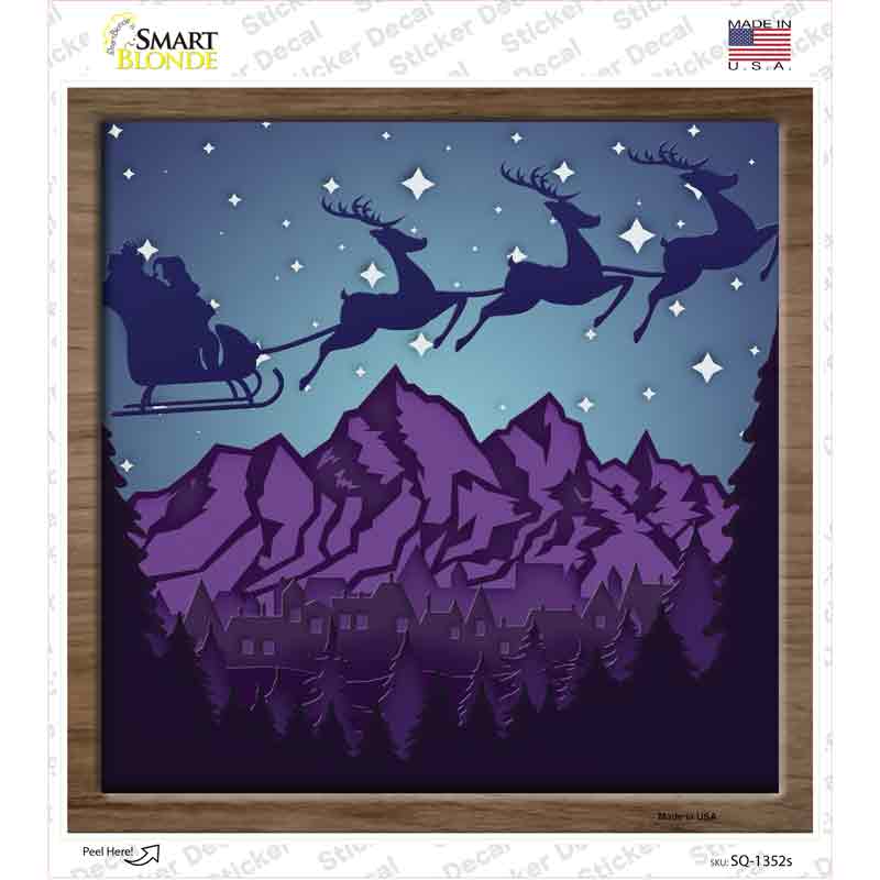 Santa Over Mountains Shadow Box Novelty Square Sticker Decal
