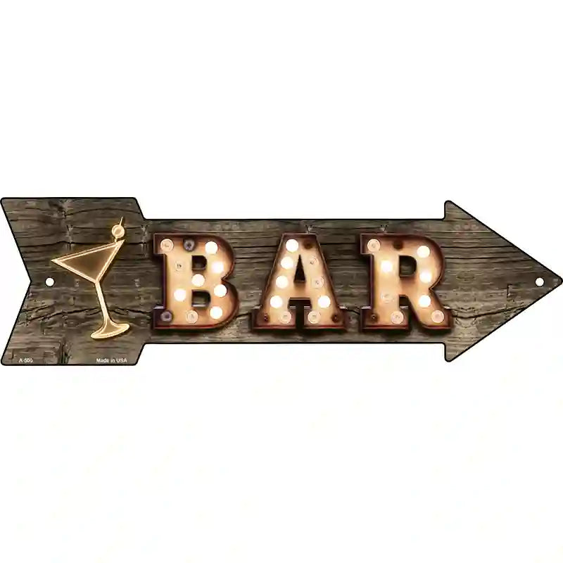 Bar With Cocktail Bulb Letters Novelty Metal Arrow Sign 17" x 5" (A)