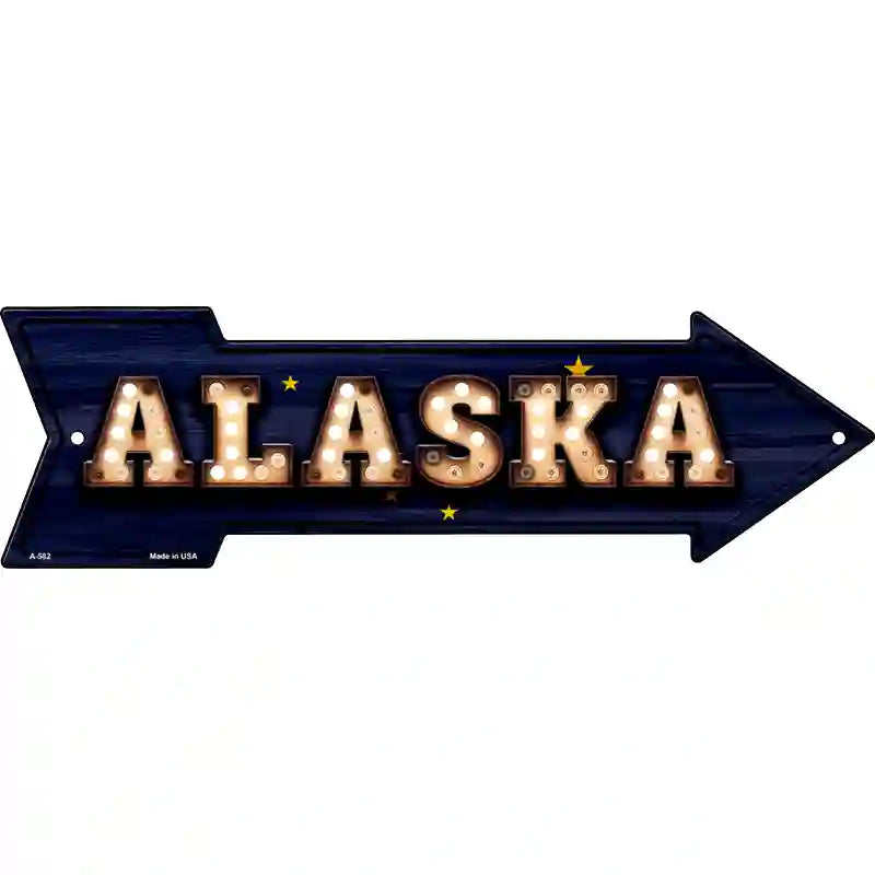 Alaska Bulb Lettering With State Flag Novelty Metal Arrow Sign 17" x 5" (A)