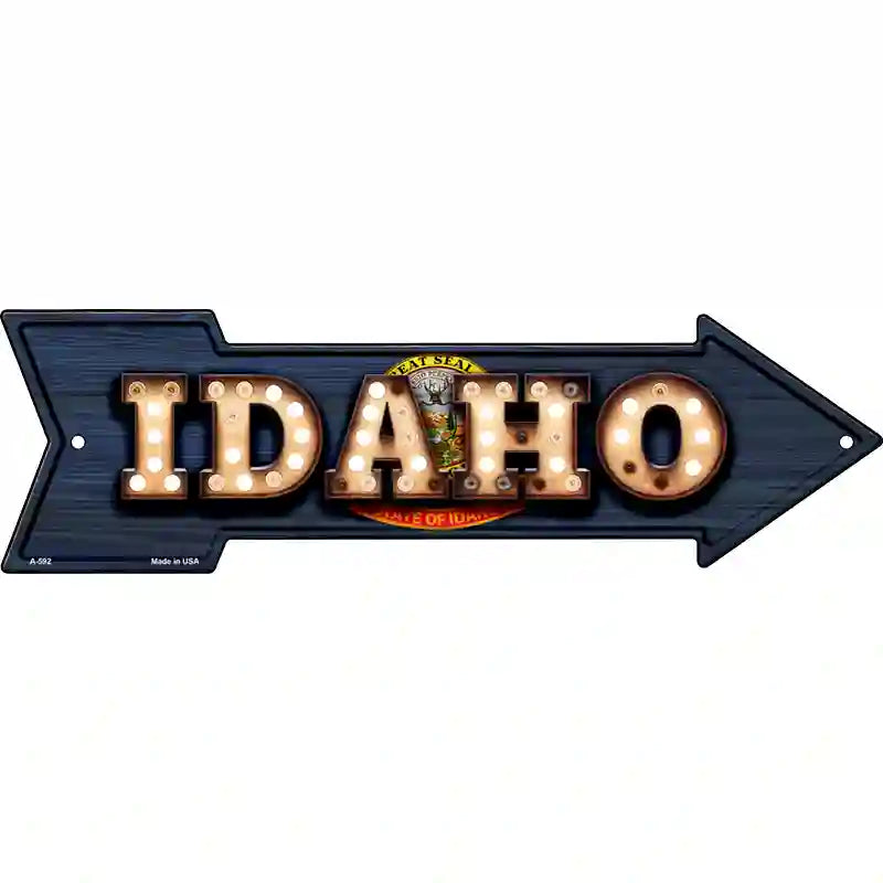 Idaho Bulb Lettering With State Flag Novelty Metal Arrow Sign 17" x 5" (A)