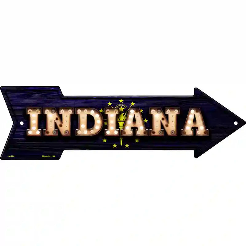 Indiana Bulb Lettering With State Flag Novelty Metal Arrow Sign 17" x 5" (A)