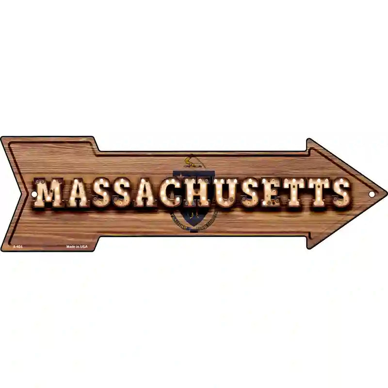 Massachusetts Bulb Lettering With State Flag Novelty Metal Arrow Sign 17" x 5" (A)