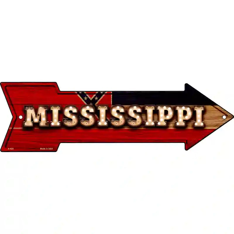 Mississippi Bulb Lettering With State Flag Novelty Metal Arrow Sign 17" x 5" (A)