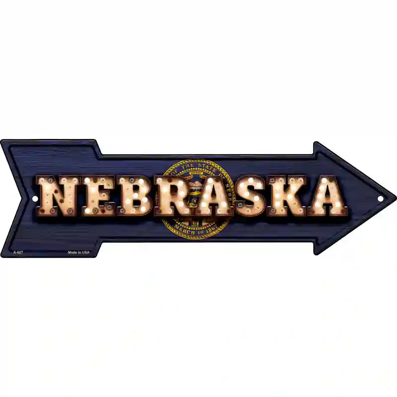 Nebraska Bulb Lettering With State Flag Novelty Metal Arrow Sign 17" x 5" (A)