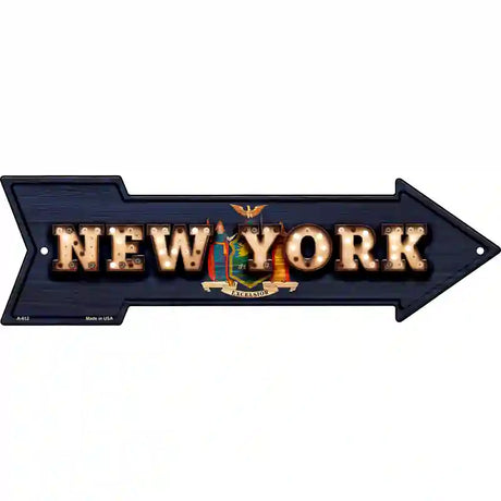 New York Bulb Lettering With State Flag Novelty Metal Arrow Sign 17" x 5" (A)