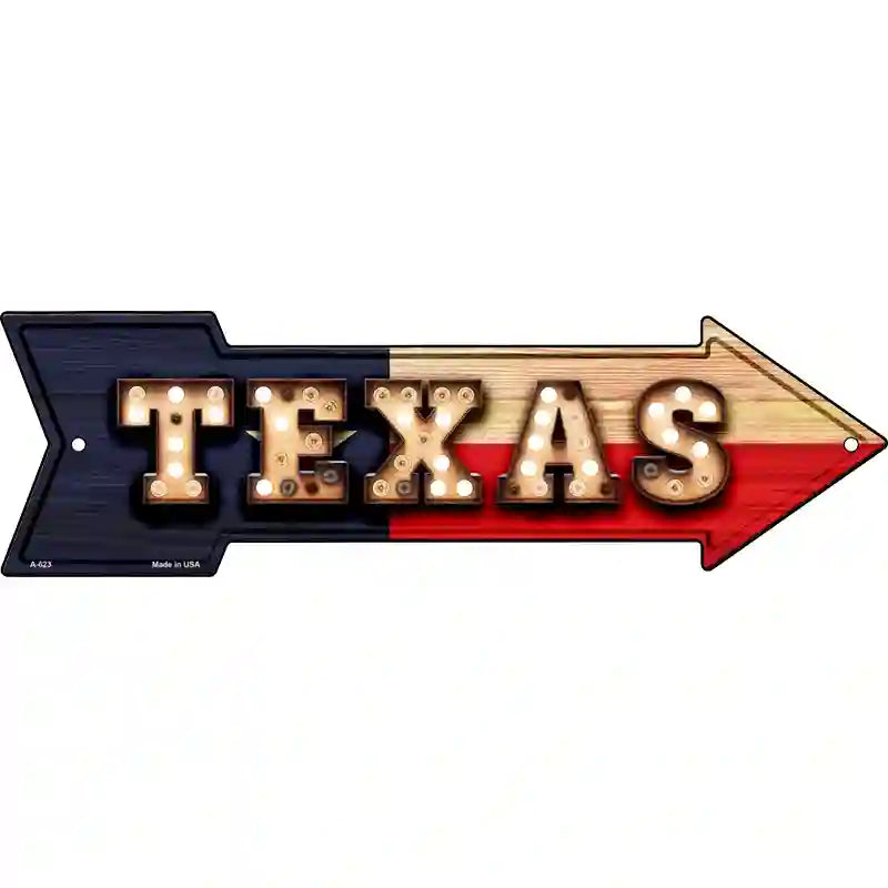 Texas Bulb Lettering With State Flag Novelty Metal Arrow Sign 17" x 5" (A)