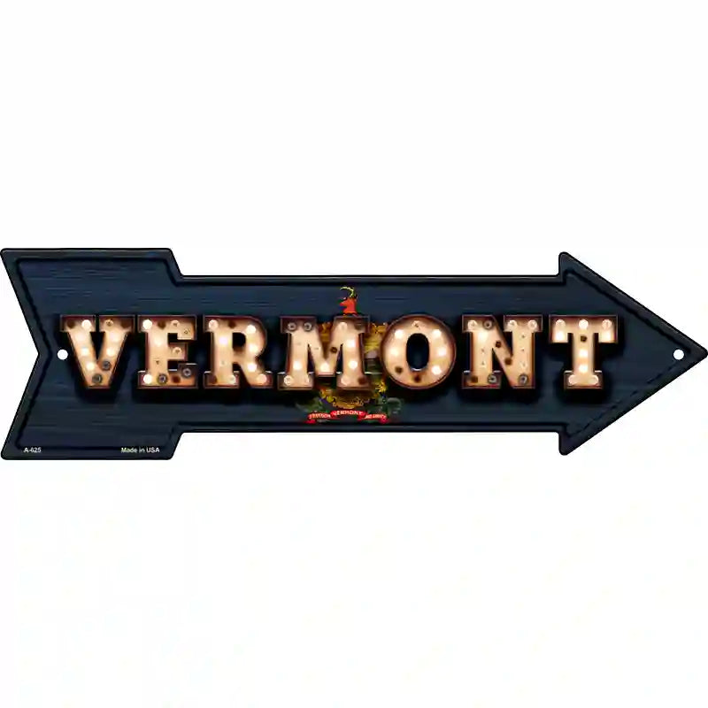 Vermont Bulb Lettering With State Flag Novelty Metal Arrow Sign 17" x 5" (A)