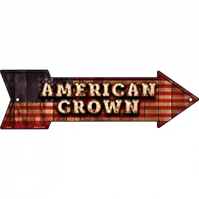 American Grown Bulb Letters American Flag Novelty Metal Arrow Sign 17" x 5" (A)