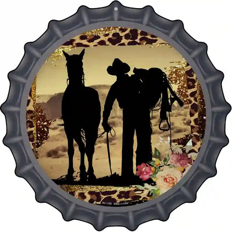 Cowboy With Horse Silhouette Novelty Metal Bottle Cap Sign