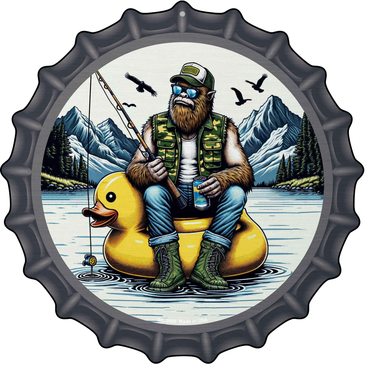 Bigfoot Fishing on Inflatable Duck Novelty Metal Bottle Cap Sign BC-2059