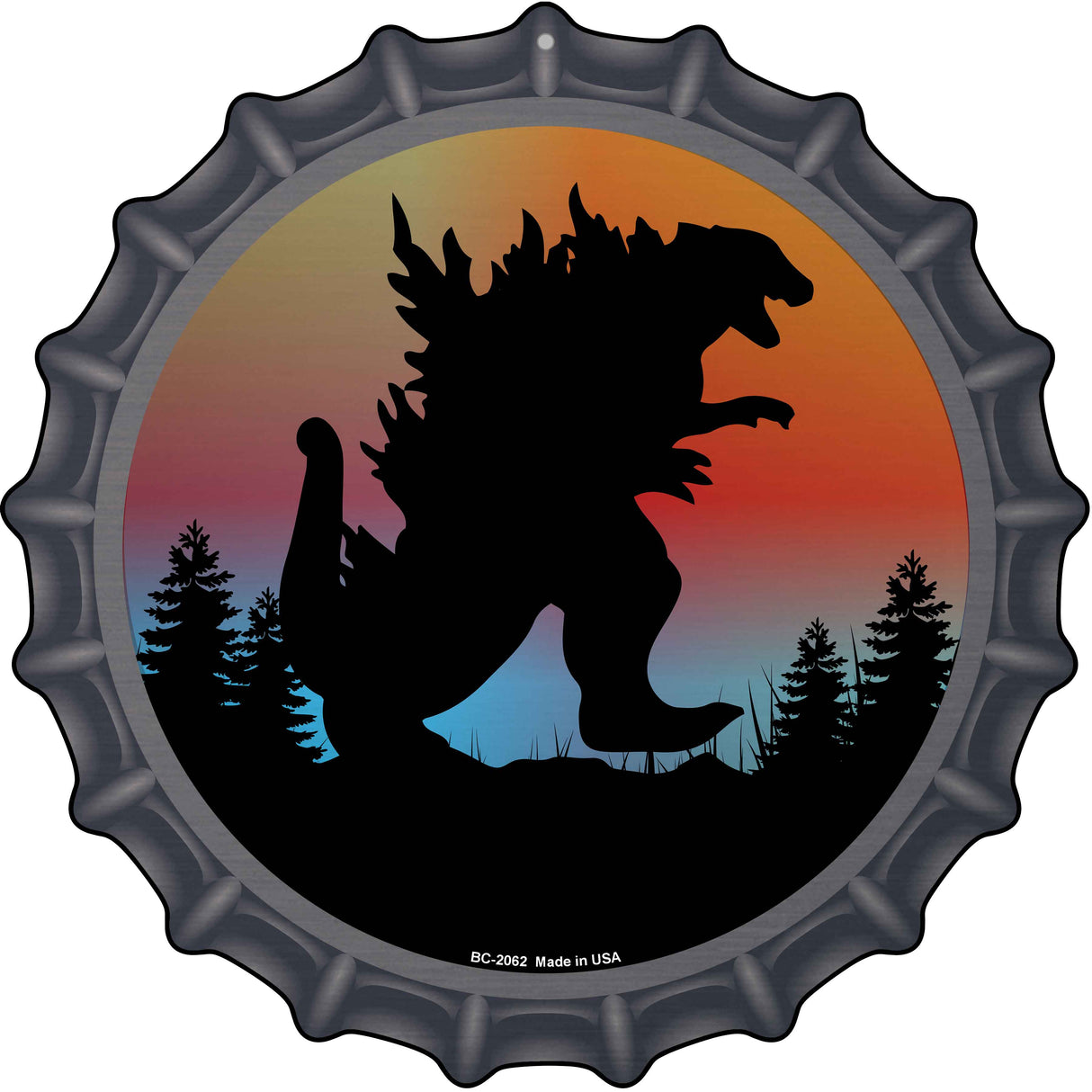 Godzilla Silhouette Sunset Novelty Metal Bottle Cap Sign BC-2062