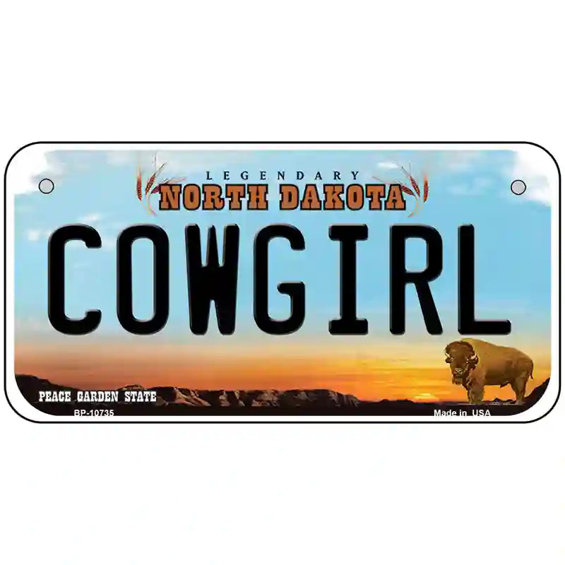 Cowgirl North Dakota Metal Novelty License Plate 6" x 3" (BP)