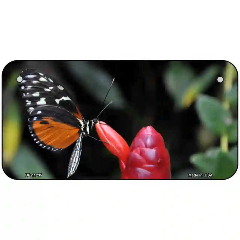 Butterfly On Red Flower Novelty Metal License Plate 6" x 3" (BP)