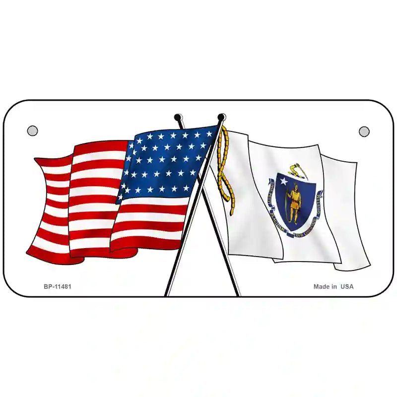 Massachusetts Crossed US Flag License Plate 6" x 3" (BP)