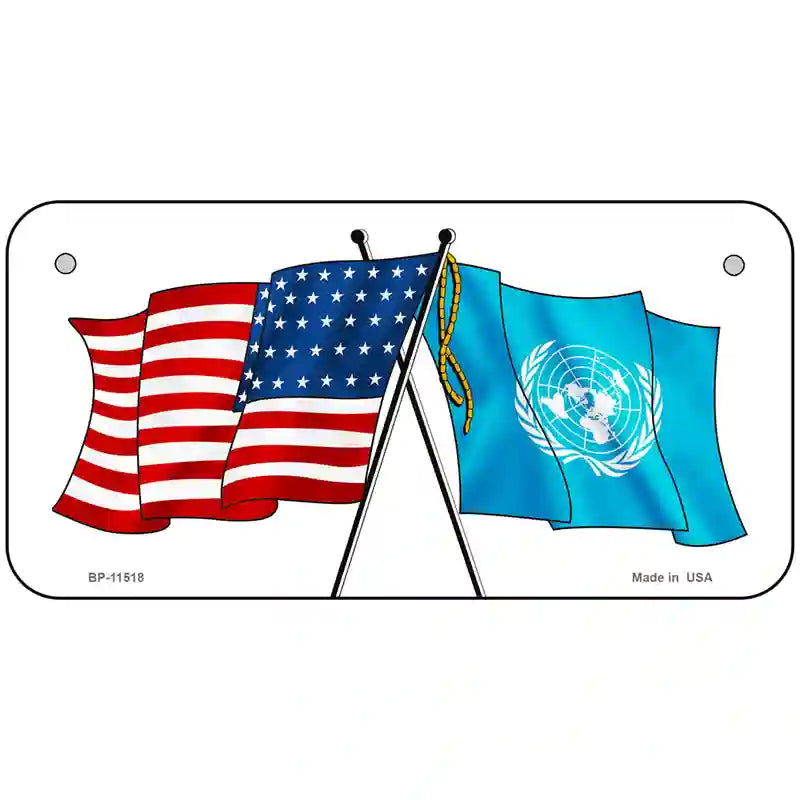 United Nation Crossed US Flag License Plate 6" x 3" (BP)