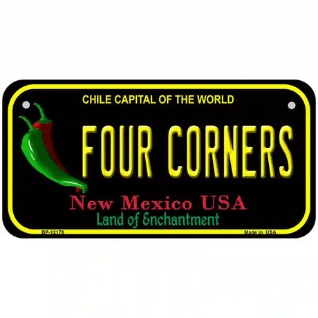 Four Corners New Mexico Black Novelty Metal License Plate 6" x 3" (BP)