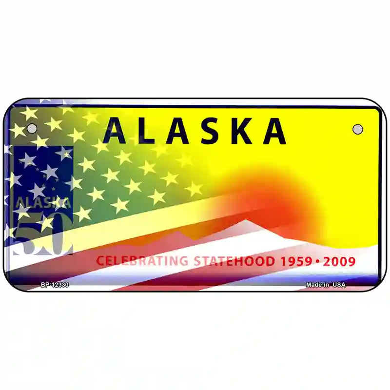 Alaska with American Flag Novelty Metal License Plate 6" x 3" (BP)