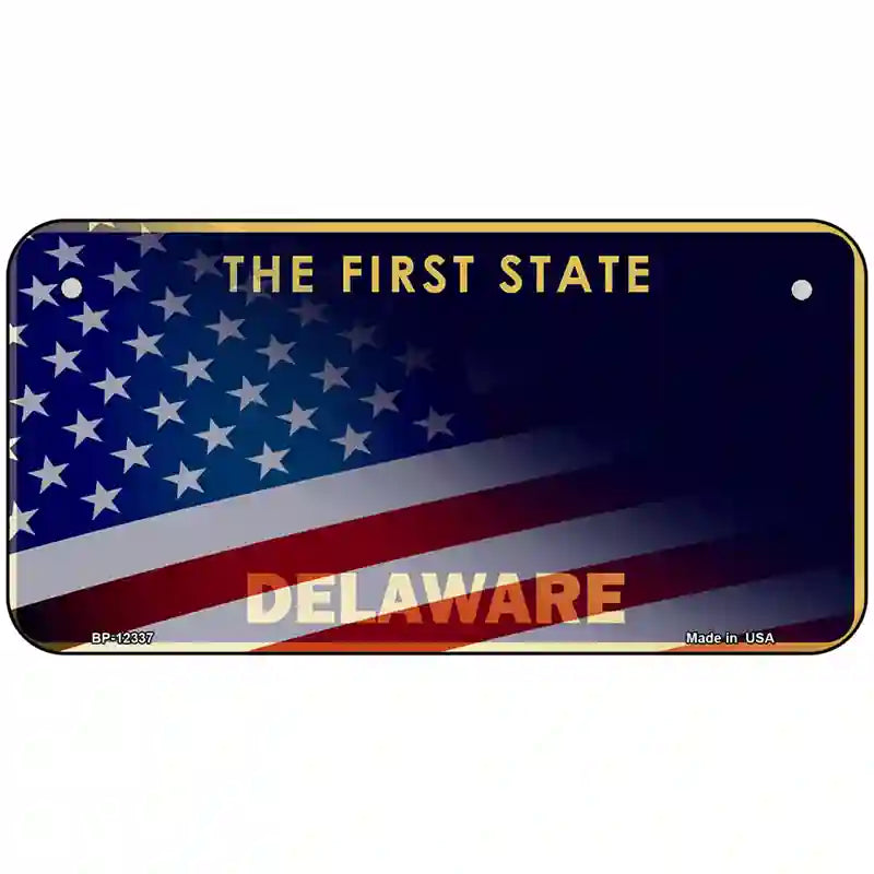 Delaware with American Flag Novelty Metal License Plate 6" x 3" (BP)