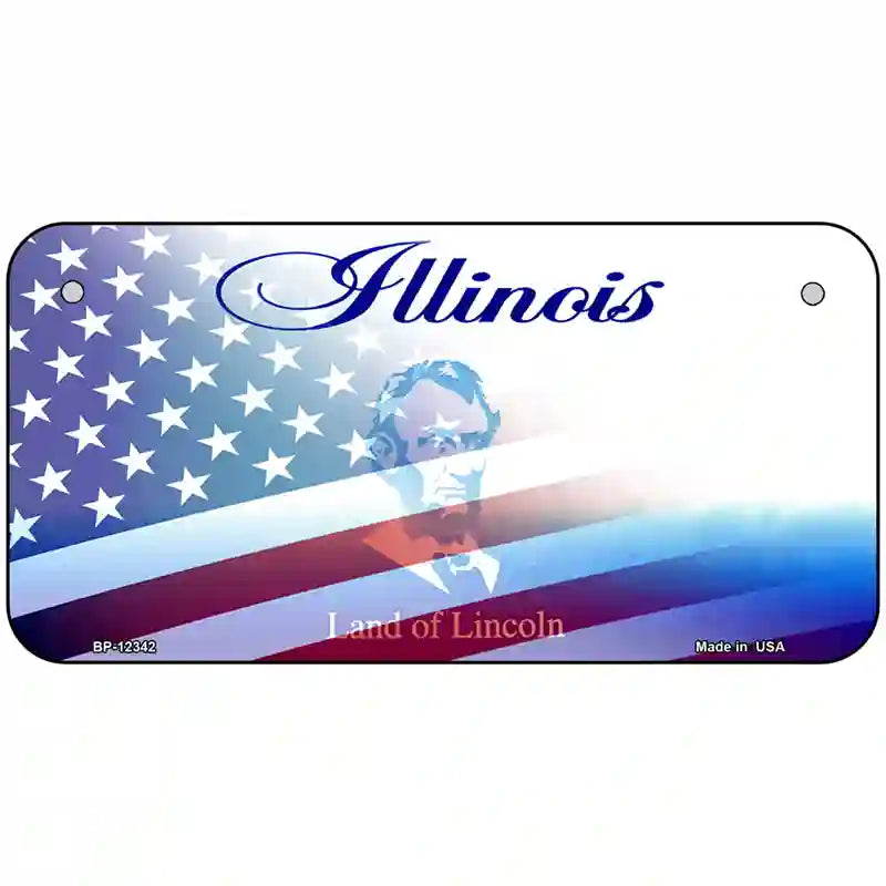 Illinois with American Flag Novelty Metal License Plate 6" x 3" (BP)