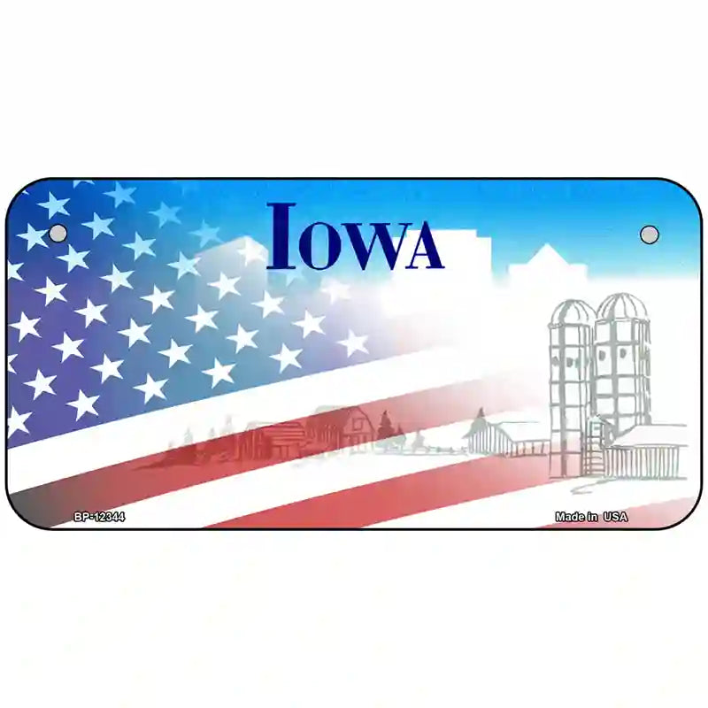 Iowa with American Flag Novelty Metal License Plate 6" x 3" (BP)