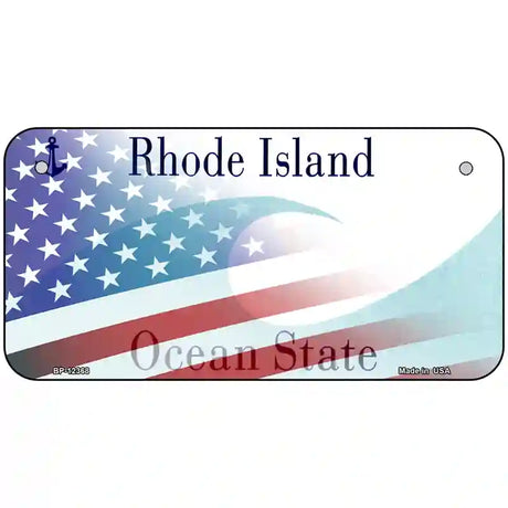 Rhode Island with American Flag Novelty Metal License Plate 6" x 3" (BP)