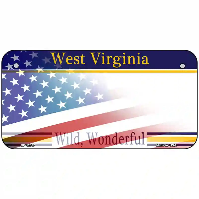 West Virginia with American Flag Novelty Metal License Plate 6" x 3" (BP)