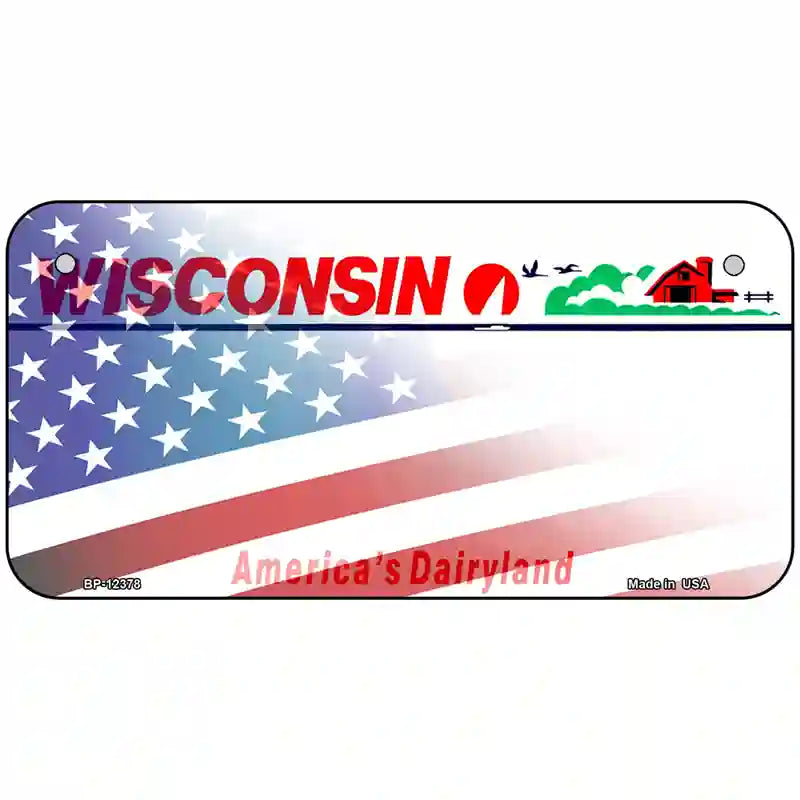 Wisconsin with American Flag Novelty Metal License Plate 6" x 3" (BP)