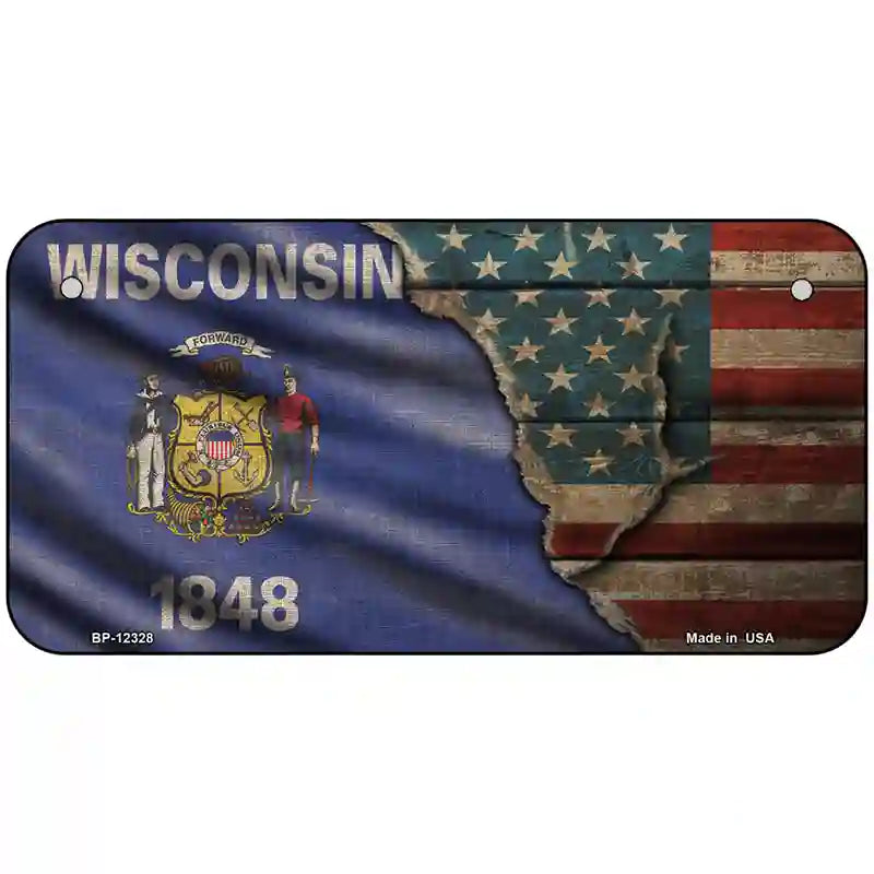 Wisconsin/American Flag Novelty Metal License Plate 6" x 3" (BP)