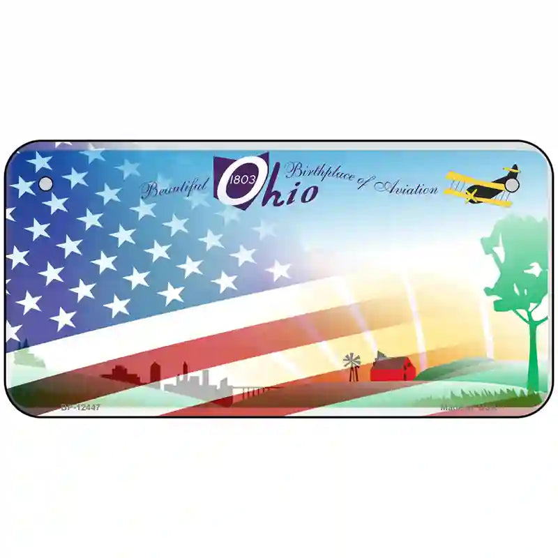 Ohio with American Flag Novelty Metal License Plate LP-12447 6" x 3" (BP)