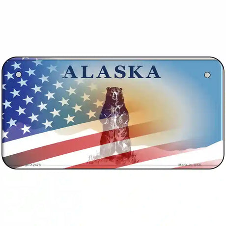 Alaska Bear with American Flag Novelty Metal License Plate 6" x 3" (BP)