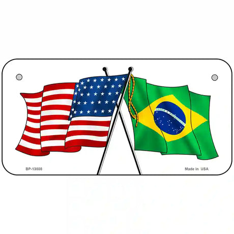 Brazil USA Crossed Flags Novelty Metal License Plate Tag 6" x 3" (BP)